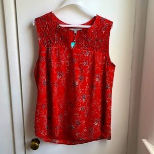 NWT Daniel Rainn - Carin Smocked Bib Blouse - Red Pattern Sleveless